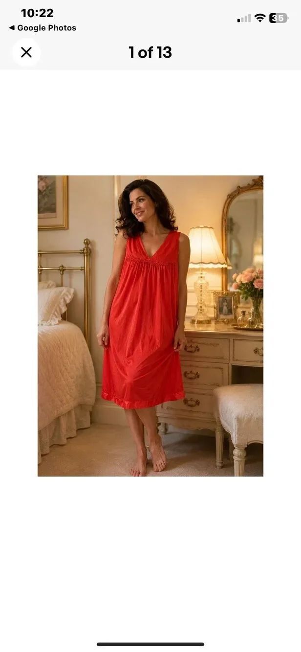 VTG Vanity Fair red nylon lace, trim, sleeveless nightgown M